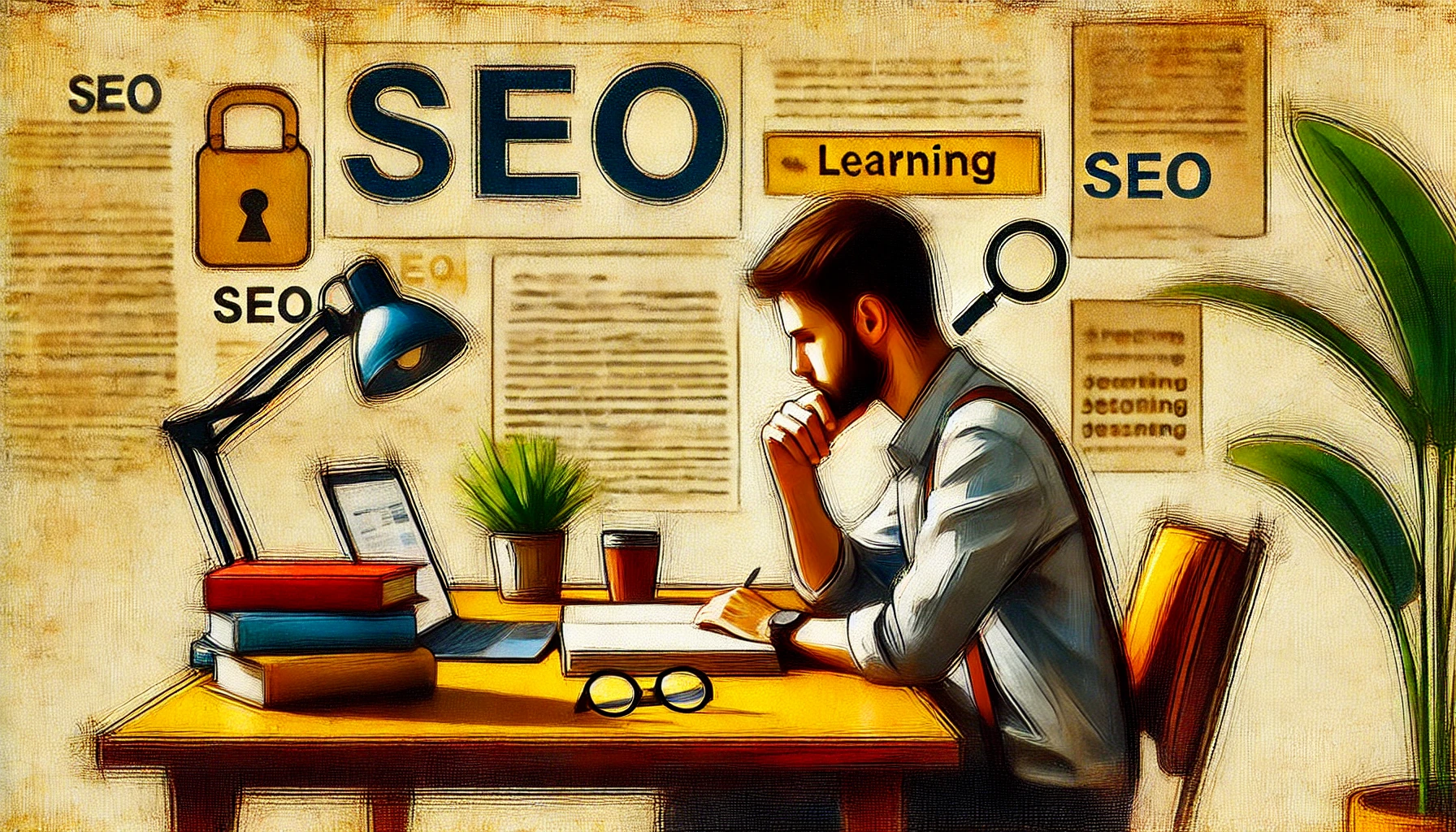 An artistic oil painting-style illustration of a person sitting at a desk learning SEO. The desk has a laptop, books, and notes, with no background text or additional elements. The focus is on the individual’s focused expression and the learning process. The painting is in 16:9 format, with warm tones and a minimal background to keep the attention on the subject.